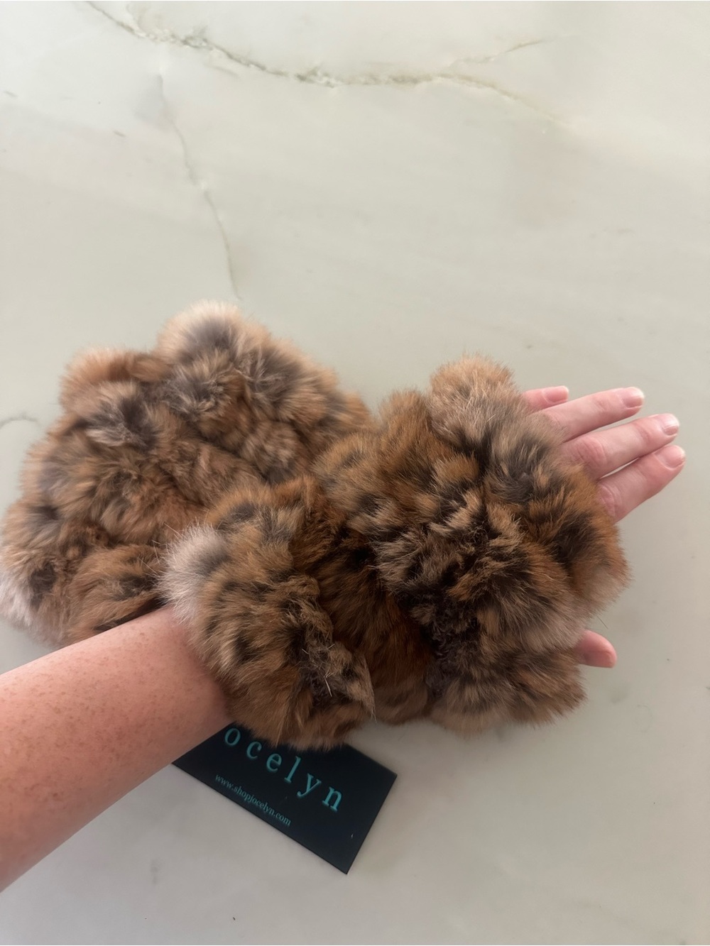 jocelyn Plush Real Rabbit Fur Fingerless Mittens in Brown Camel